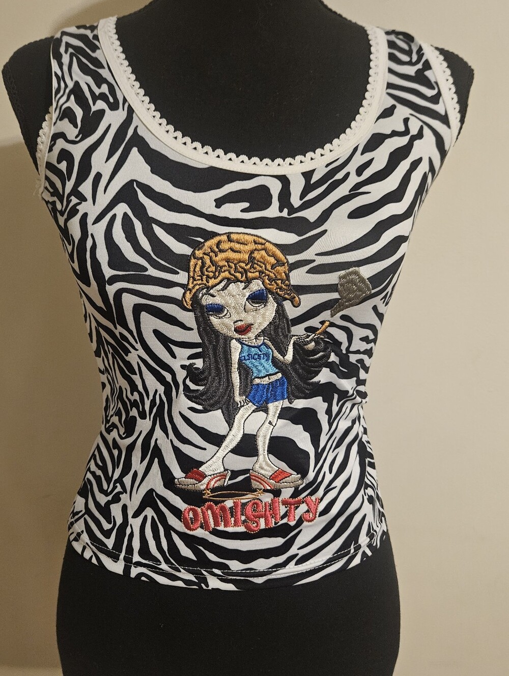 Y2K Zebra Embroidered Cropped Tank Top Black & White O-Mighty Style Streetwear S - Picture 2 of 7